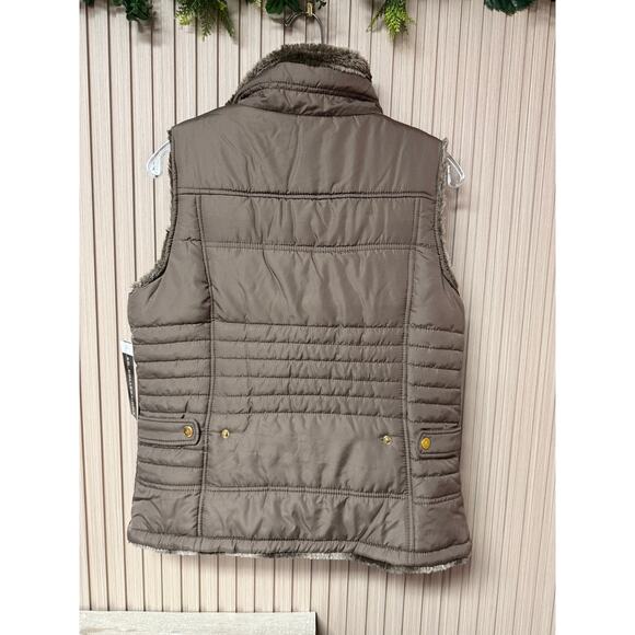 KC Collections Women’s Medium Taupe Reversible Vest Quilted Faux Fur Full Zip - Picture 3 of 13